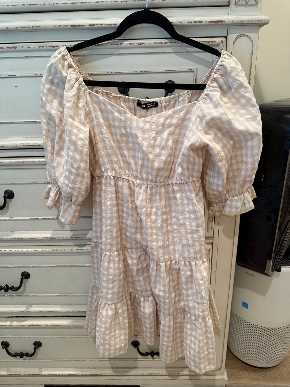 SHEIN Cream Gingham Off-Shoulder Tiered Midi Dress